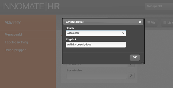 INNOMATE HR :: Dokumentation: Redigering af sprog i menuer overskrifter